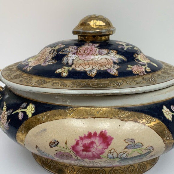 Antique hand-painted Floral porcelain tureen Satsuma style Cobalt Blue Gold Gilt - Picture 4 of 13